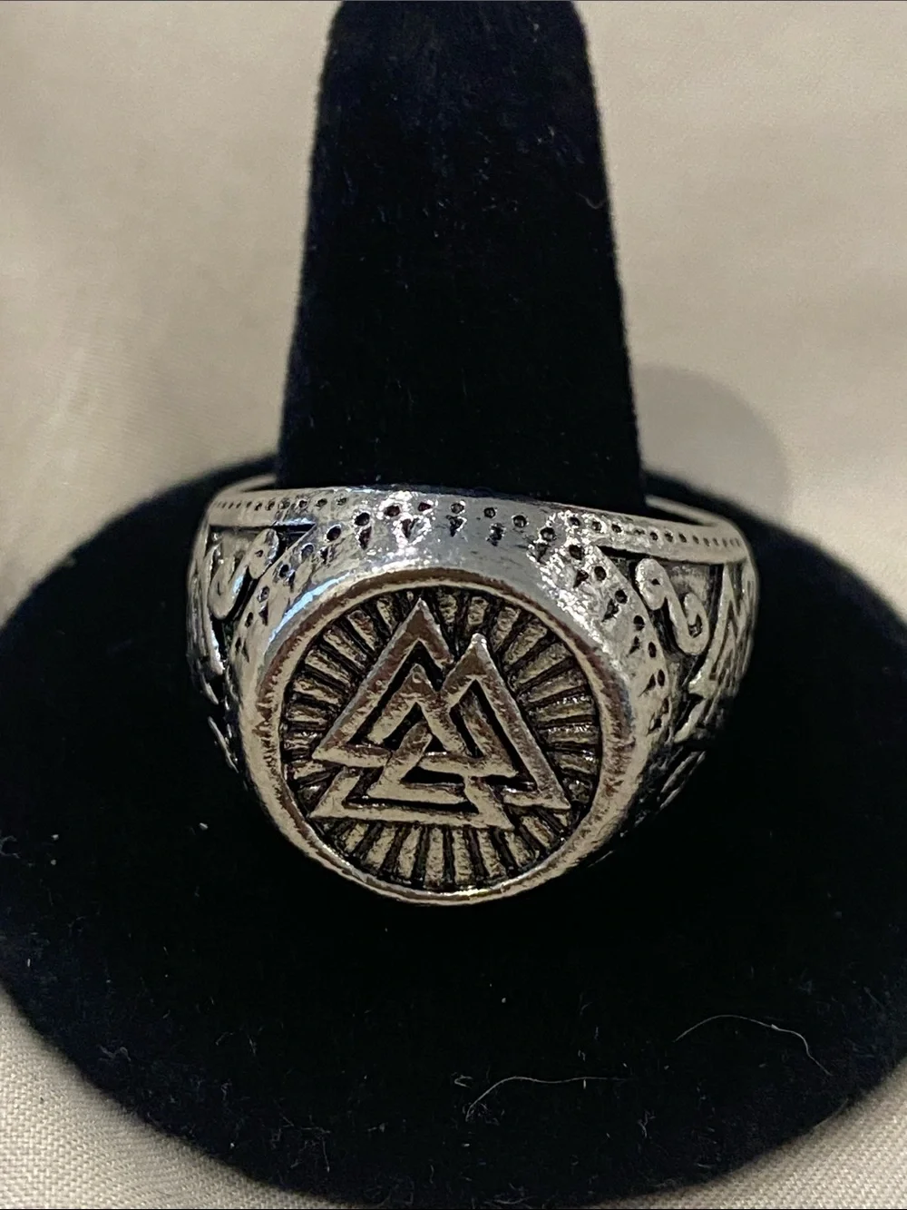 Sterling-Look Viking Valknut Signet Ring - Black Silver Tone. Size 14